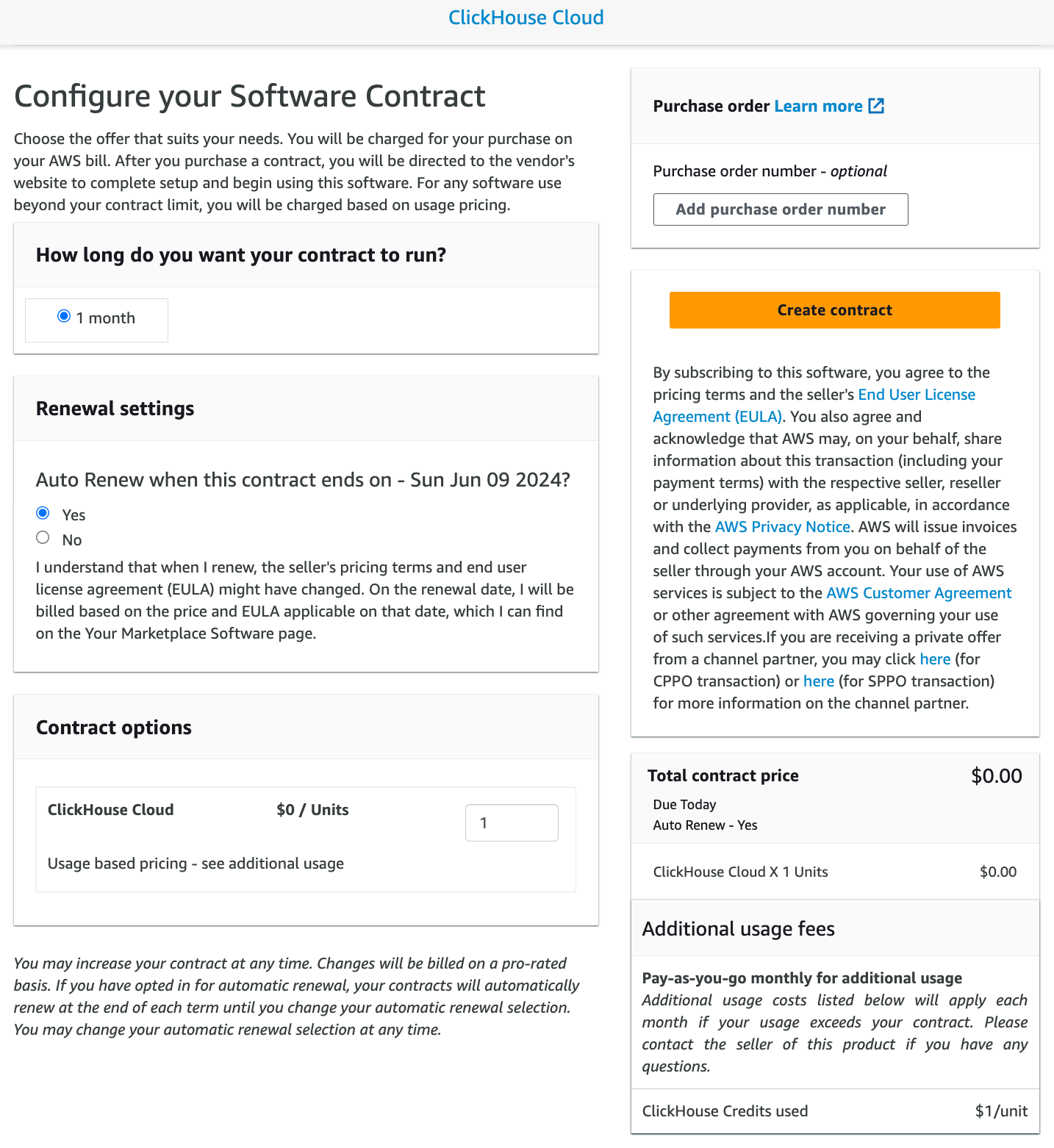 AWS Marketplace configure contract